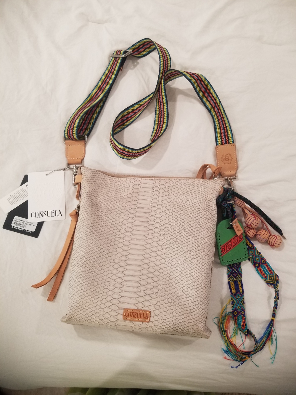 Consuela Ivory Textured Bag, Colorful Strap and Tassel Charms NEW with Tags!